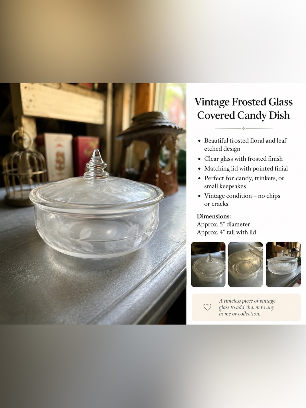 🌿 Vintage Frosted Glass Covered Candy Dish / Trinket Bowl 🌿